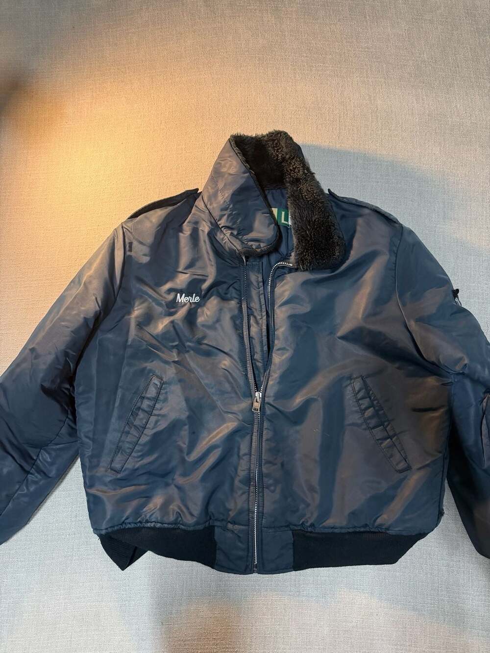 Vintage WearGuard Navy Blue Bomber Jacket with Faux Shearling Collar